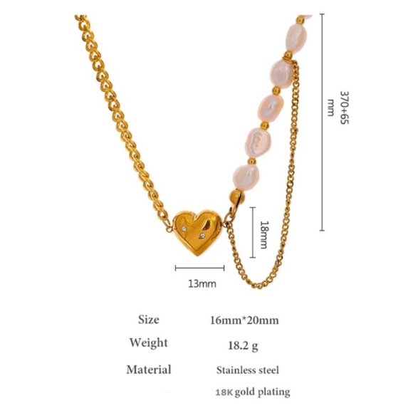 New 18K Gold Natural Pearl Heart Chain Necklace - Picture 6 of 16